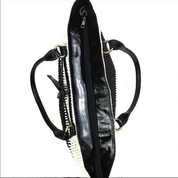 Adrienne Vittadini Nautical Black White Straw Summer Tote Bag - Picture 6 of 16